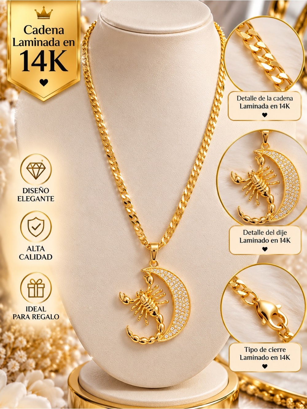 14K Gold-Plated Scorpion Crescent Necklace – Gold Women’s Pendant
